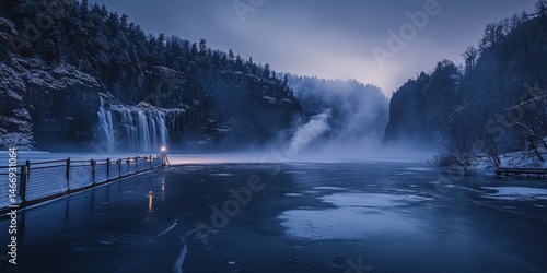 Misty Blue Lake Surrounded By Dark Forest in Low Light at Night Featuring Serene Reflections Calm Water and Soft Fog with Trees Silhouetted Against the Horizon