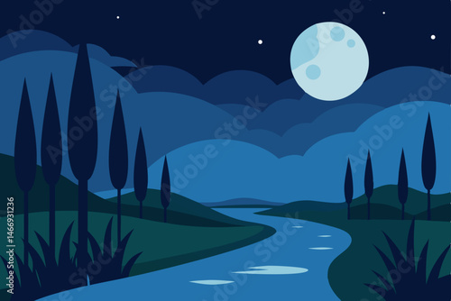 moonrise over a quiet river surrounded by reeds 