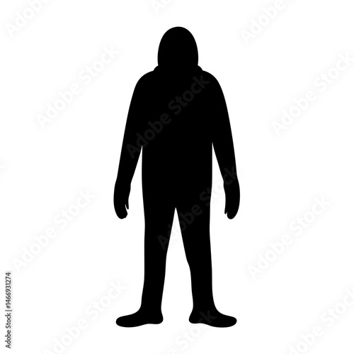 Silhouette of a hooded figure, standing tall against a white background