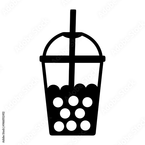 Black and white icon representing a bubble tea with tapioca pearls