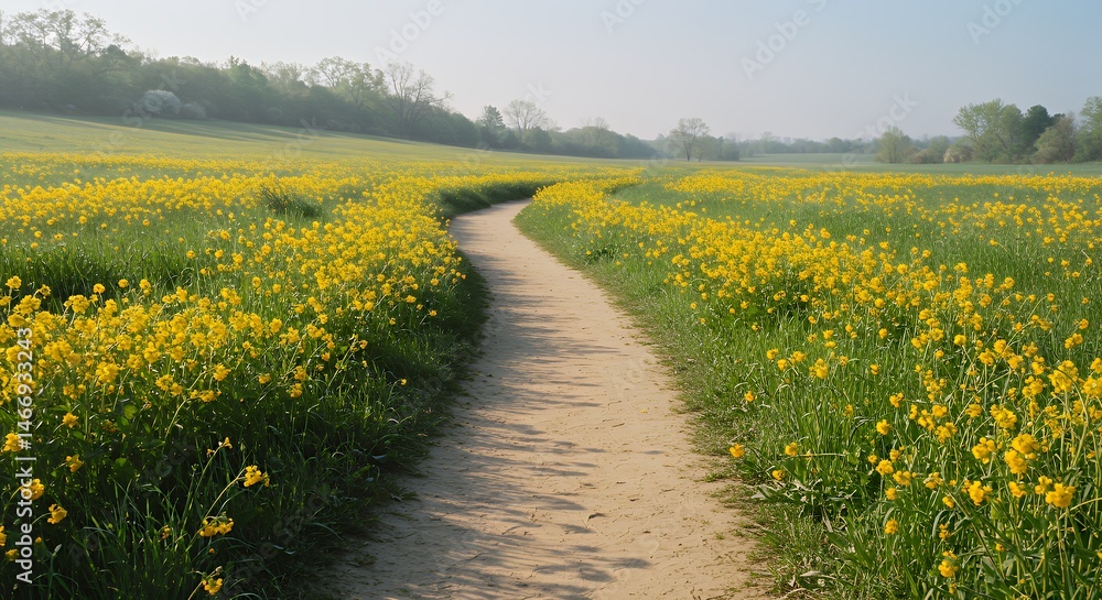 Walking Path Through Field of Yellow Flowers in Springtime Landscape