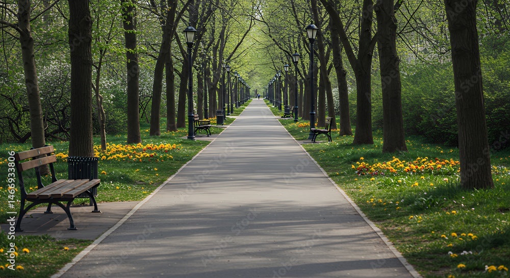 Walking Path Through Park with Trees, Benches, and Spring Flowers