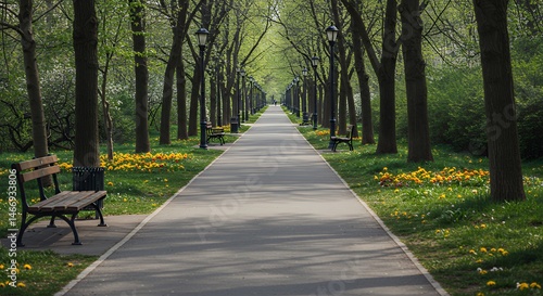 Walking Path Through Park with Trees, Benches, and Spring Flowers