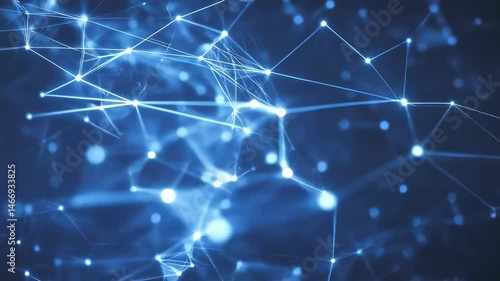 Blue network dots connected by lines. Futuristic technology structure. Abstract geometric pattern. Blurred connection digital system background. Glow nodes and lines.