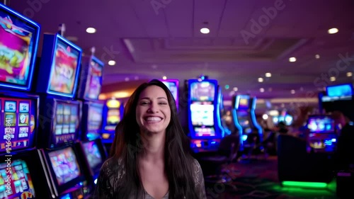 Happy person celebrates win in casino near colorful slot machines. Smiling woman raising hands in joyful moment. Excitement in gambling hall with bright lights.