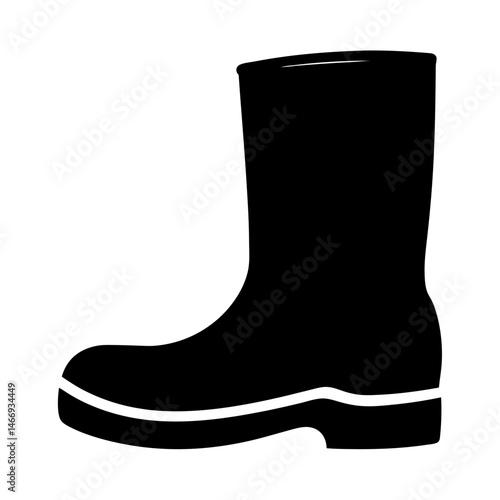 A solid black silhouette of a single rain boot on white background