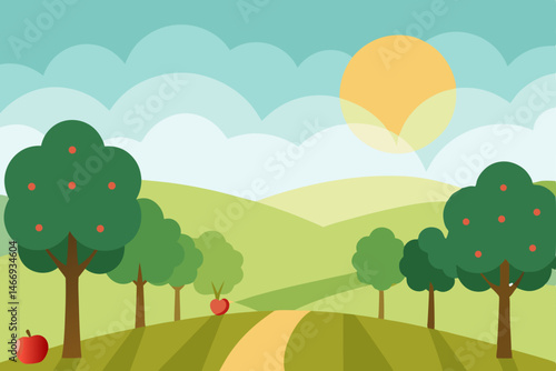 morning haze over a tranquil countryside orchard   