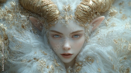 A captivating elfin figure adorned with golden horns, framed by shimmering textures and a magical winter atmosphere