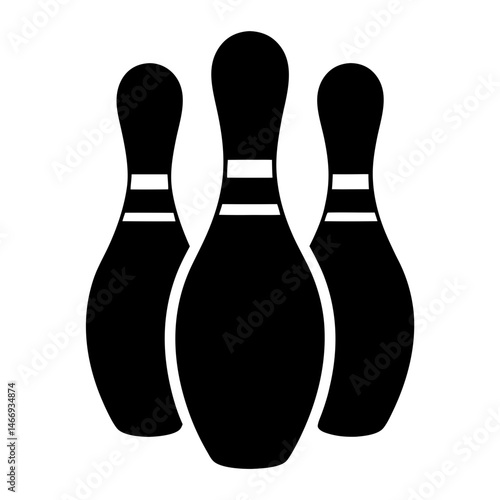 Three black bowling pins illustration on a white background, bowling concept