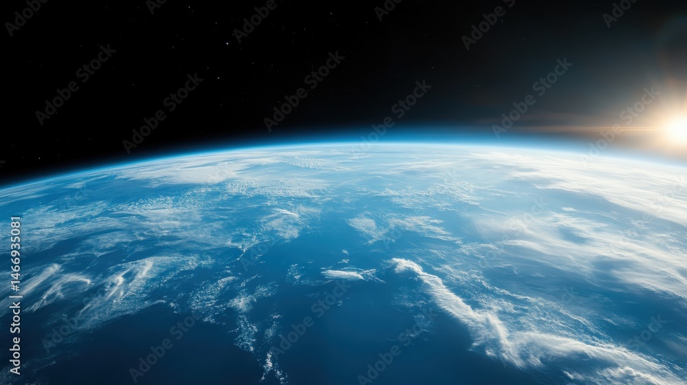 Fototapeta premium An awe-inspiring view of Earth from space, showcasing its stunning blue atmosphere, swirling clouds, and the radiance of the sun rising in the distance. A captivating sight.