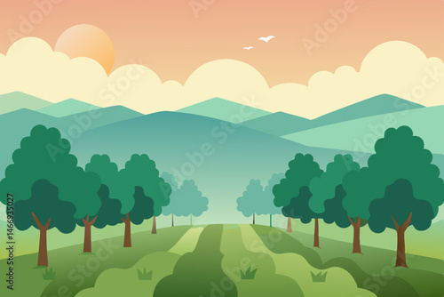 morning haze over a tranquil countryside orchard  .svg