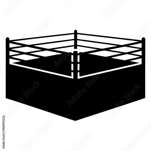 Stylized black and white boxing ring illustration with ropes and corners