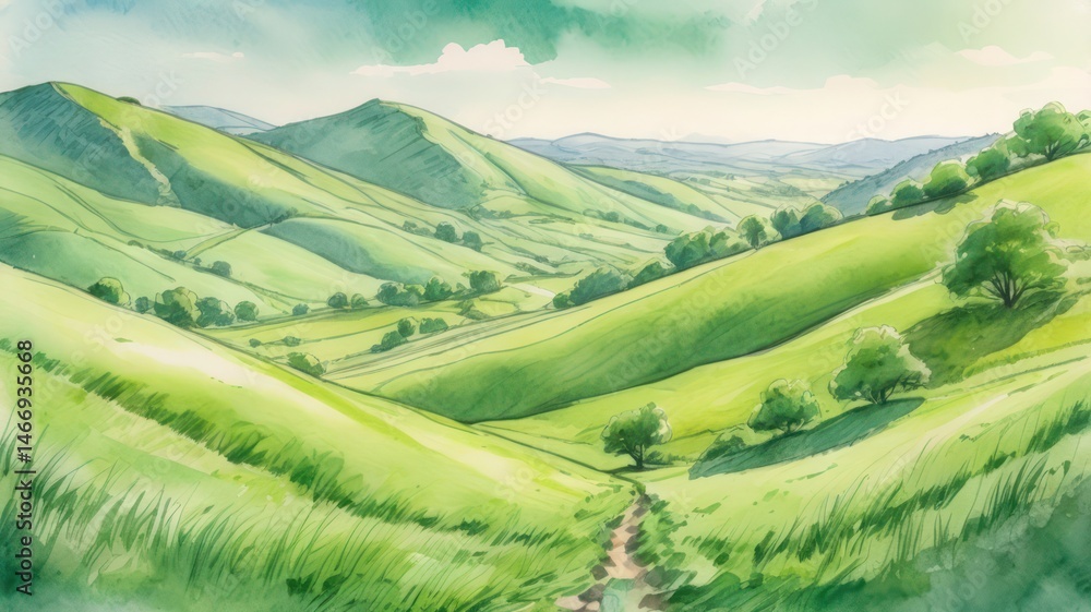 watercolor landscape with mountains and blue sky watercolor landscape with mountains and blue sky