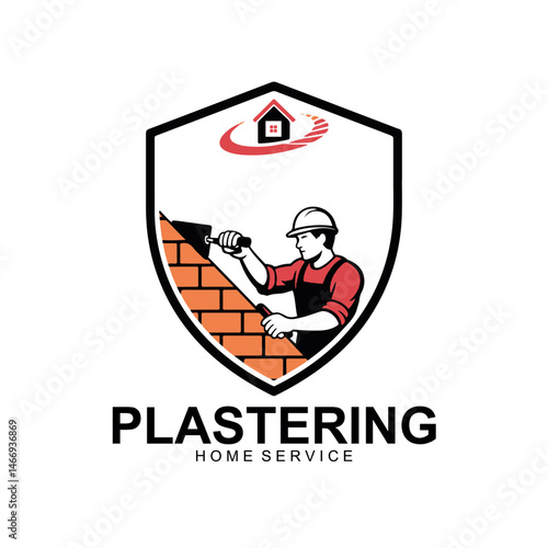 Plastering Home Service Logo Design  Construction Worker with Trowel and Brick Wall in Shield.