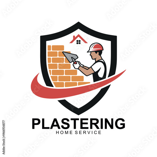 Plastering Home Service Logo Design  Construction Worker with Trowel and Brick Wall in Shield.