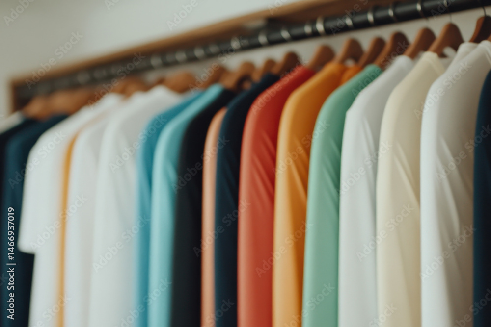Obraz premium Colorful t shirts hanging on wooden hangers in fashion retail store