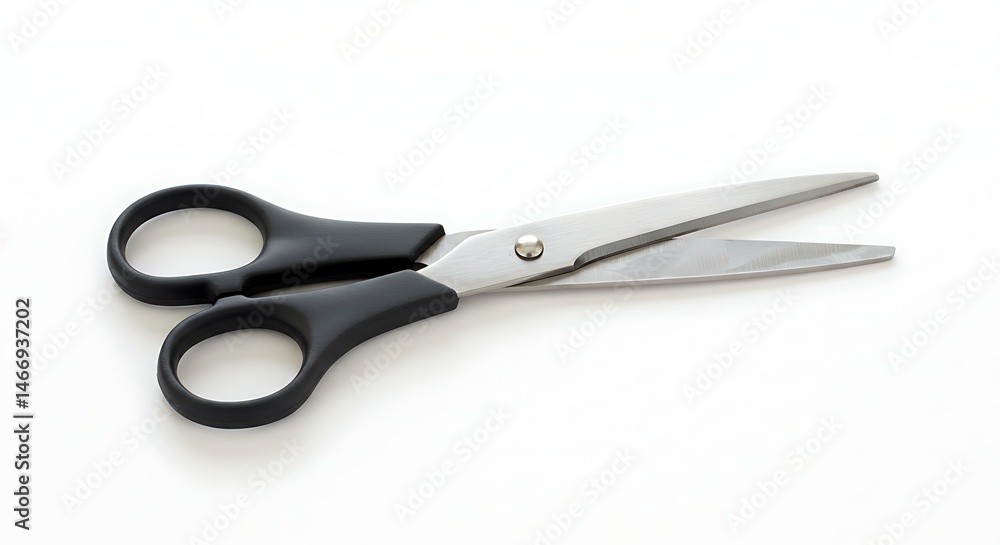 Open scissors with black handles and silver blades laying on a white background. Studio lit, sharp, simple and basic office or craft tool. Open scissors with black handles and silver blades laying on a white background. Studio lit, sharp, simple and basic office or craft tool.