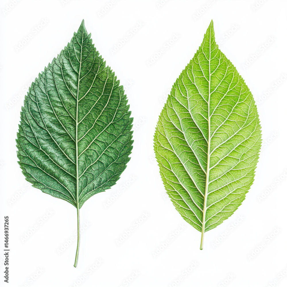 Obraz premium Two green leaves close up illustration on white background