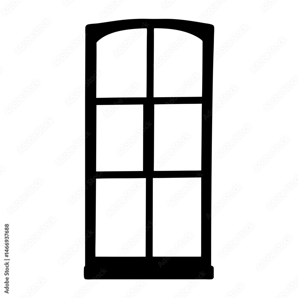 Black silhouette of an arched window with six panes of glass Black silhouette of an arched window with six panes of glass