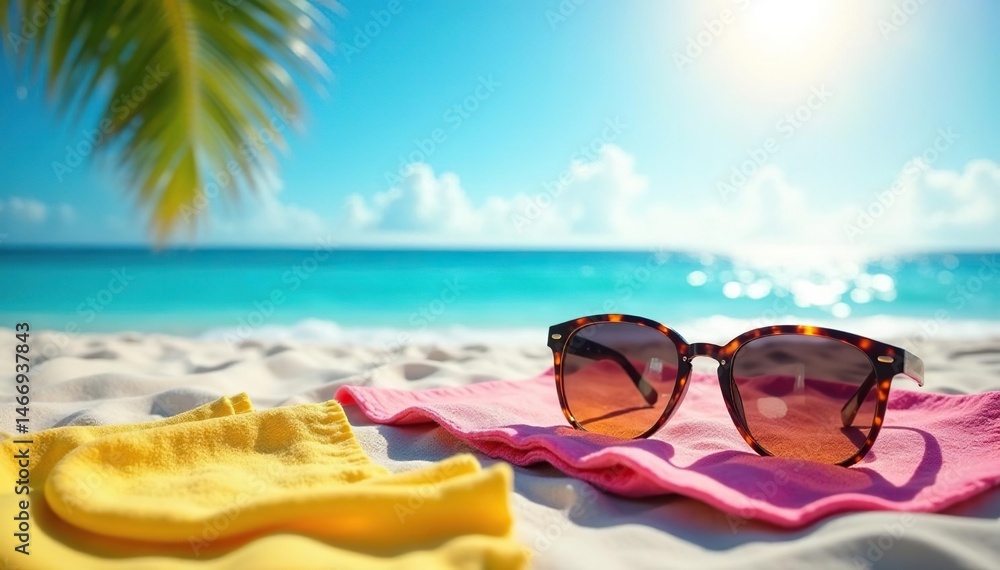 Bright sun shines on colorful beach towels and sunglasses , accessories, blue Bright sun shines on colorful beach towels and sunglasses , accessories, blue