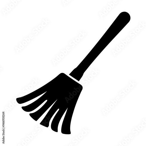 Black silhouette of a cleaning broom with wooden handle on white background