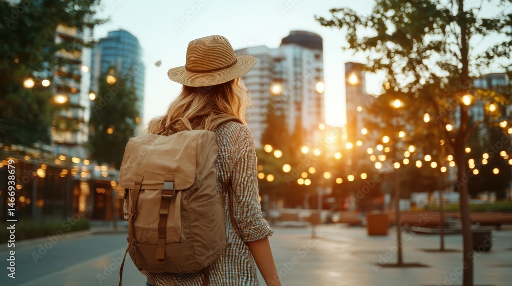 A woman wearing a stylish hat and carrying a backpack walks through a vibrant city as the sun sets, capturing the essence of adventure and freedom in urban exploration. A woman wearing a stylish hat and carrying a backpack walks through a vibrant city as the sun sets, capturing the essence of adventure and freedom in urban exploration.