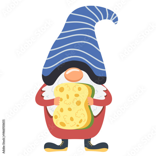 Gnome holding washing sponge. Cleaning dwarf character. Cute helper for spring cleanings or household chores. Vector illustration.