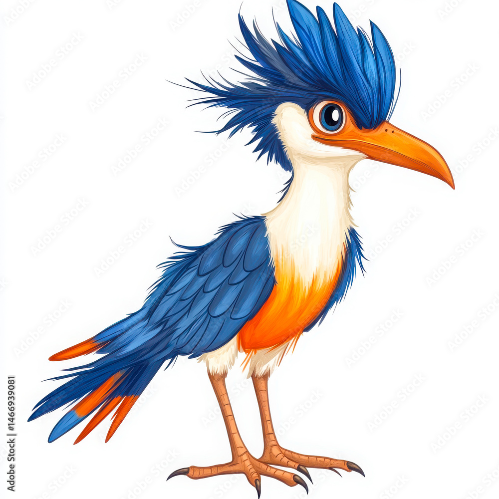 Fototapeta premium Cartoon bird with blue feathers on white background