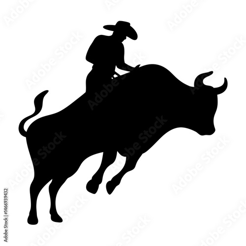 Black Silhouette of a Cowboy Riding a Bucking Bull at a Rodeo