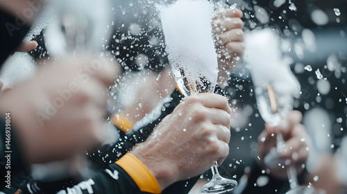 Champagne Celebration: An action shot capturing the moment of jubilation as a champagne bottle is uncorked, spraying bubbly effervescence, symbolizing festivity, success, and achievement.