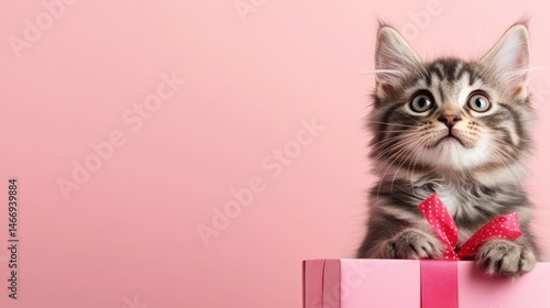 An adorable kitten peeking over a pink gift box, set against a soft pink background, capturing the essence of playfulness and charm in a delightful scene.