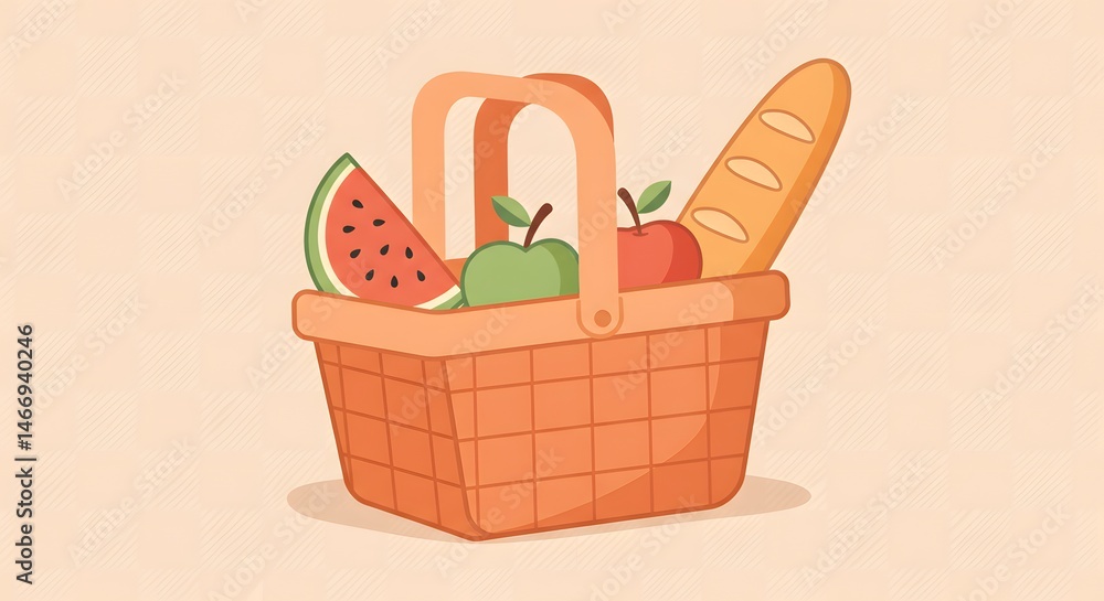 Summer Picnic Basket with Fruit and Bread, Illustrated Summer Picnic Basket with Fruit and Bread, Illustrated