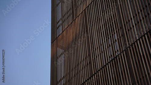 airy modern facade with wooden planks against the sky