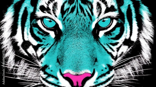 Electric blue tiger with luminous eyes and vibrant pink nose art illustration