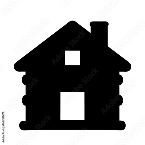 Simple black and white illustration of a log cabin with chimney