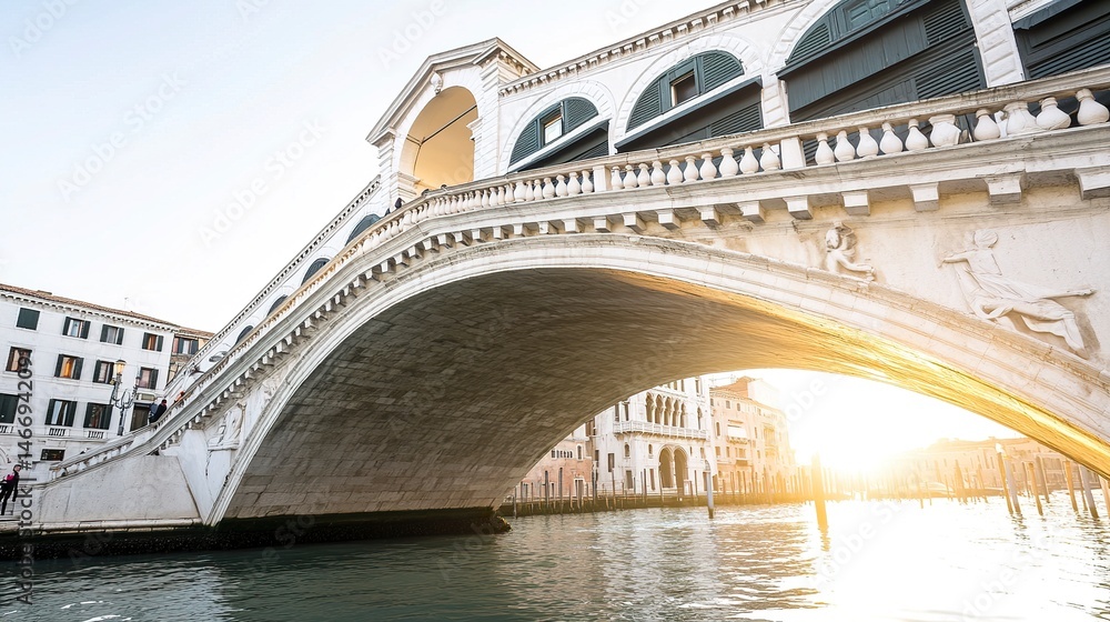 Fototapeta premium The Rialto Bridge in Venice at sunrise, its architectural beauty highlighted by soft, warm light and the sky reflecting in the water below. 