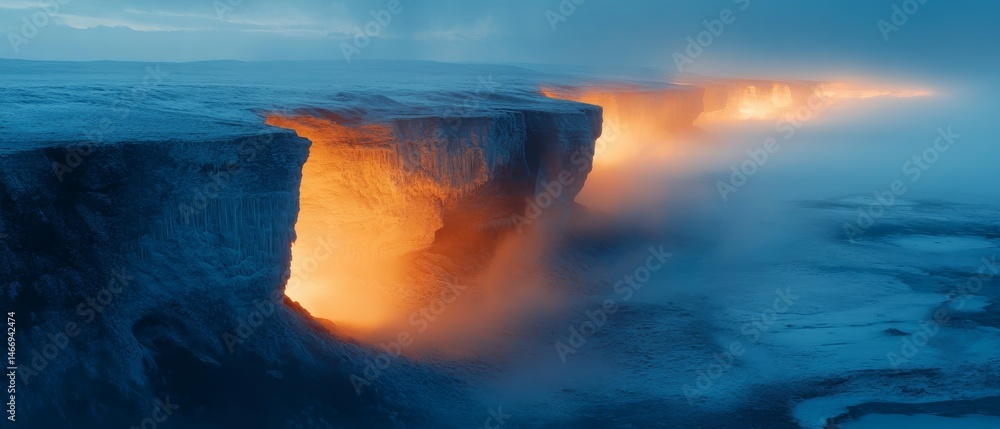 A rocky cliff with a hole in it and a fire in the middle