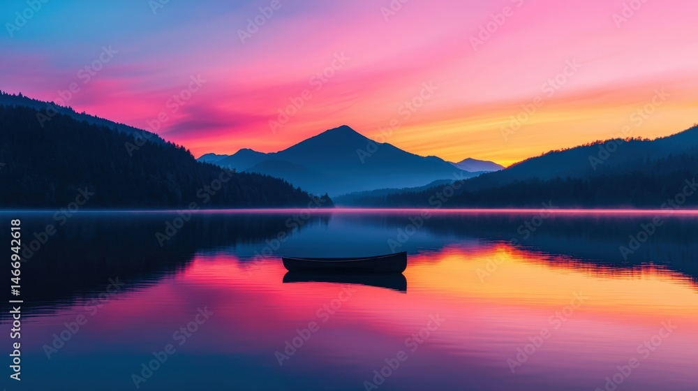Obraz premium Vibrant sunrise reflecting in calm lake with boat