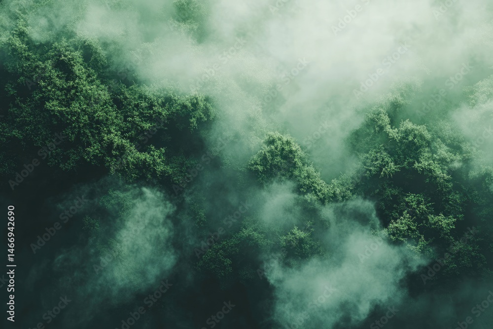 Misty forest canopy, dense foliage shrouded in a thick cloud cover. Lush green trees emerge from the swirling mist. A view from above Misty forest canopy, dense foliage shrouded in a thick cloud cover. Lush green trees emerge from the swirling mist. A view from above