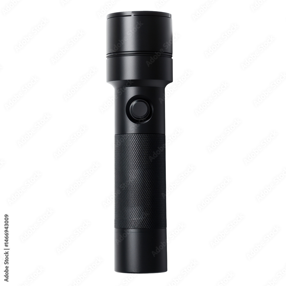 Fototapeta premium Durable Black Flashlight for Outdoor Adventures and Emergency Use, Compact and Lightweight Design for Easy Handling on transparent background