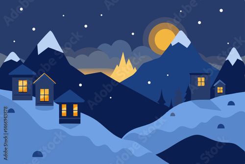 mountain village under snowfall with lanterns glow 