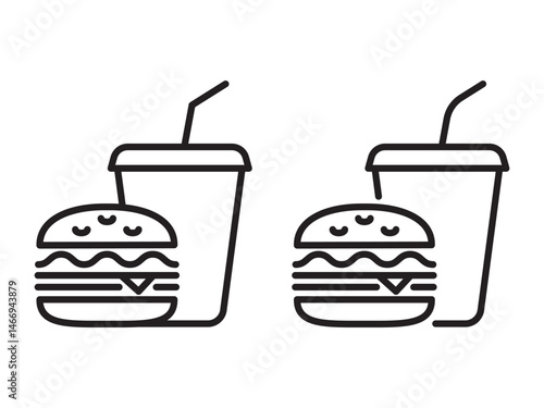 Set of two fast food linear icons isolated on transparent background. Fast food line icons. Drink and Burger icons set. Coffee and Burger lunch. Simple lunch, cheeseburger, hamburger, handwich icons.