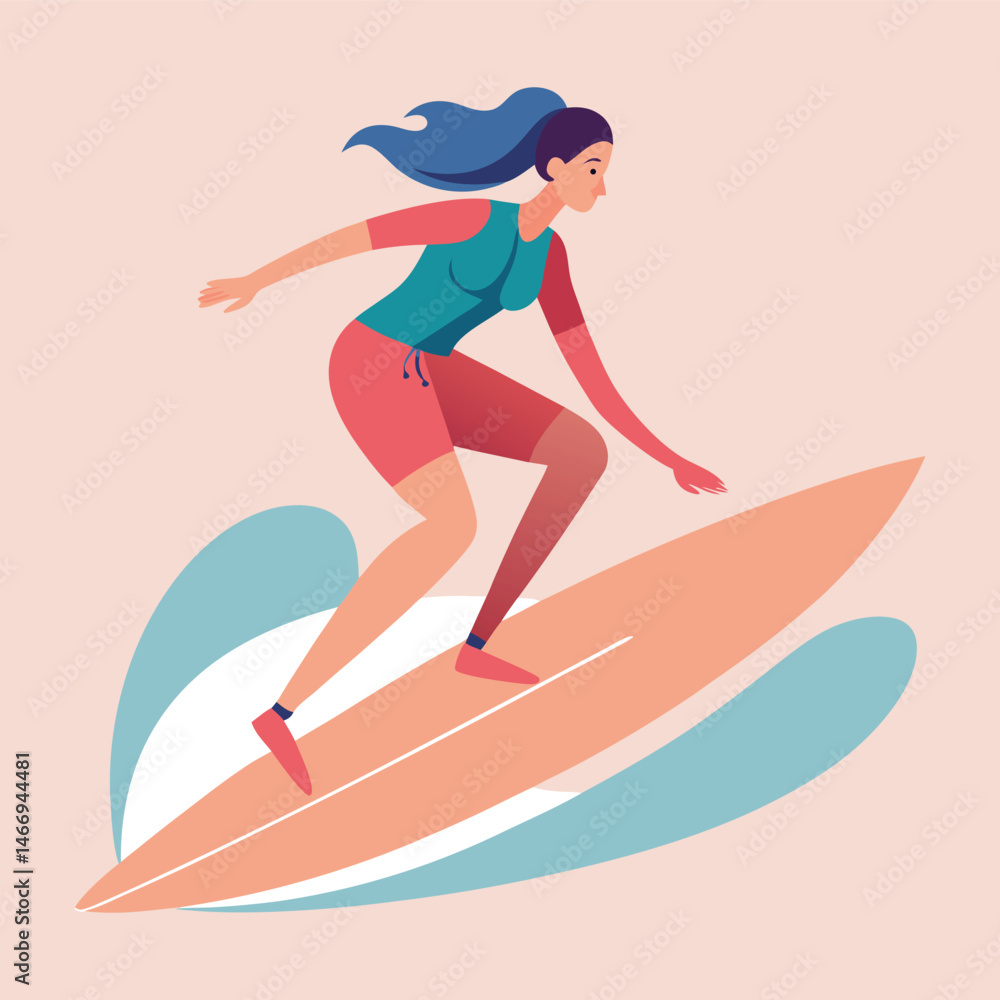 Feel the wave. Vector illustration of a pretty young woman surfing the wave in trendy flat style. Isolated on light pink background. Feel the wave. Vector illustration of a pretty young woman surfing the wave in trendy flat style. Isolated on light pink background.