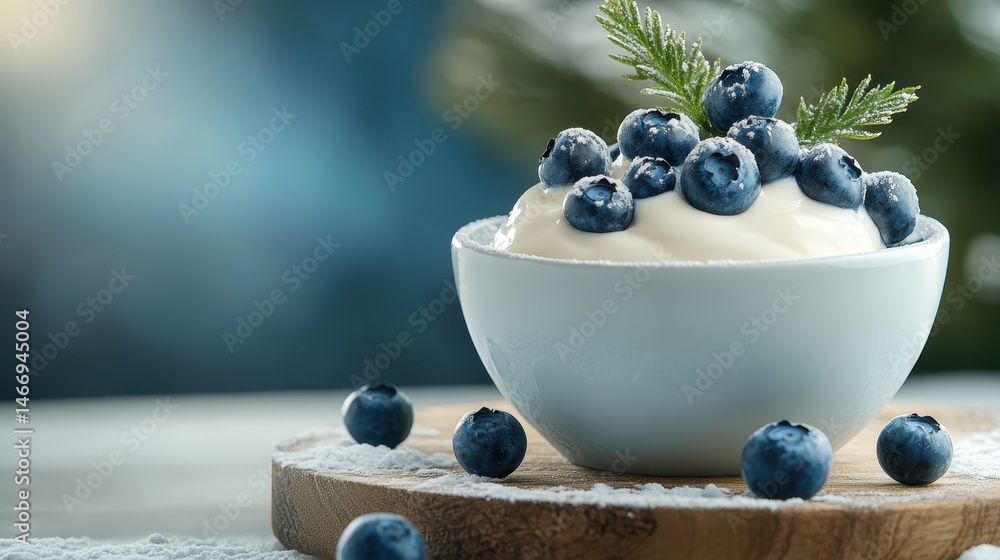 A creamy yogurt bowl abundantly topped with blueberries and decorated with festive sprigs, embodying a comforting and joyful treat for any occasion. A creamy yogurt bowl abundantly topped with blueberries and decorated with festive sprigs, embodying a comforting and joyful treat for any occasion.