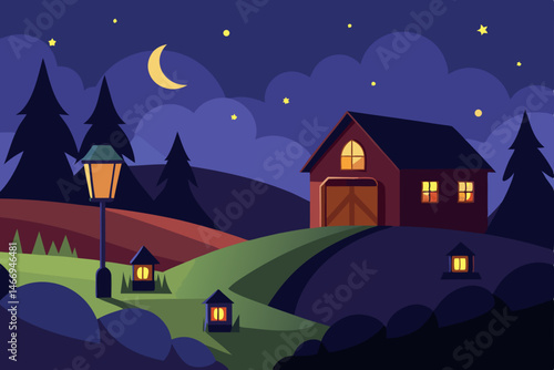 nightfall on a peaceful farm with lanterns glowing 