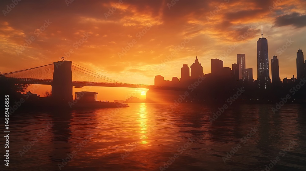 Obraz premium Colorful Sky Over Urban Waterfront City Skyline High Resolution Picture