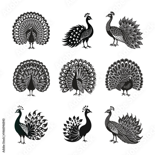 Elegant Peacock Silhouette Vector Set – 9 Black and White Decorative Designs