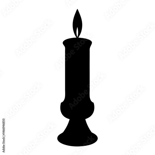 Classic Black Candle Silhouette with Flame on Elegant Candleholder Isolated on White