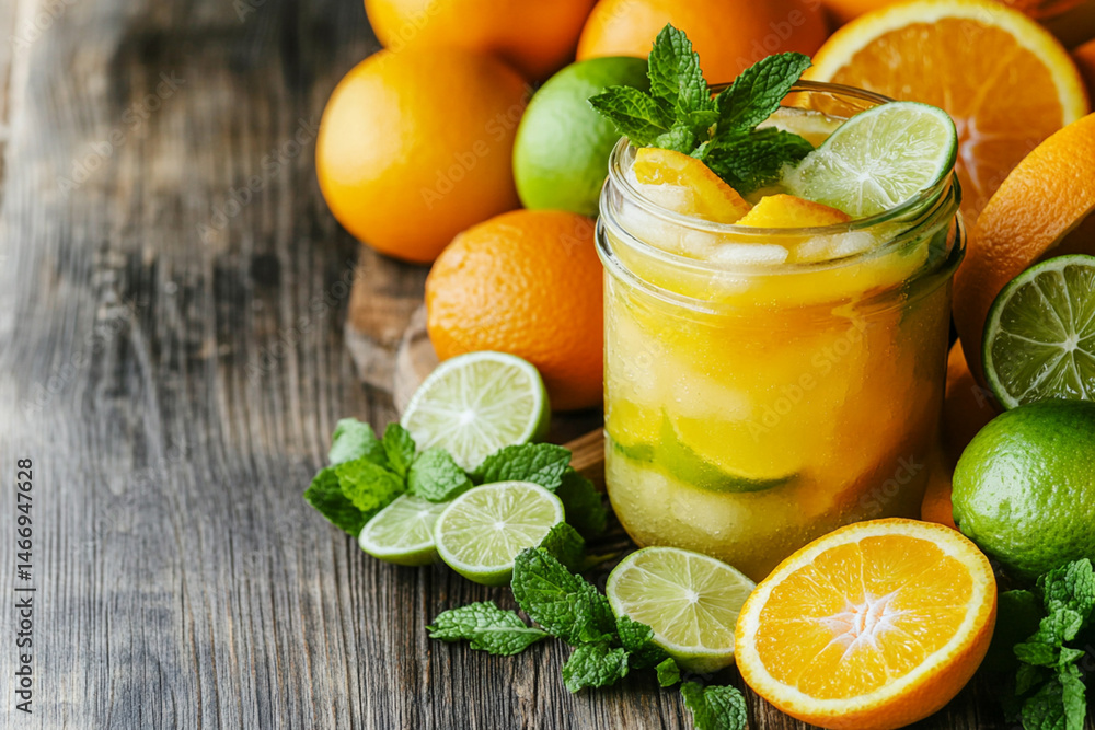 Fruit cocktails surrounded by fresh limes, oranges and mint on wooden background with space for text Fruit cocktails surrounded by fresh limes, oranges and mint on wooden background with space for text