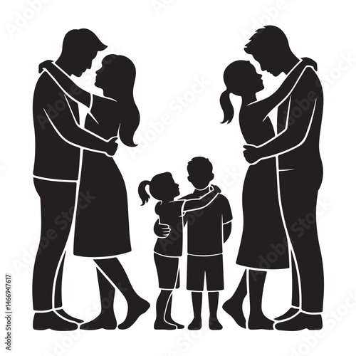 Black Silhouettes of Families – Parents with Kids, Generations, Hugs, Walks, Simple Minimalist Style